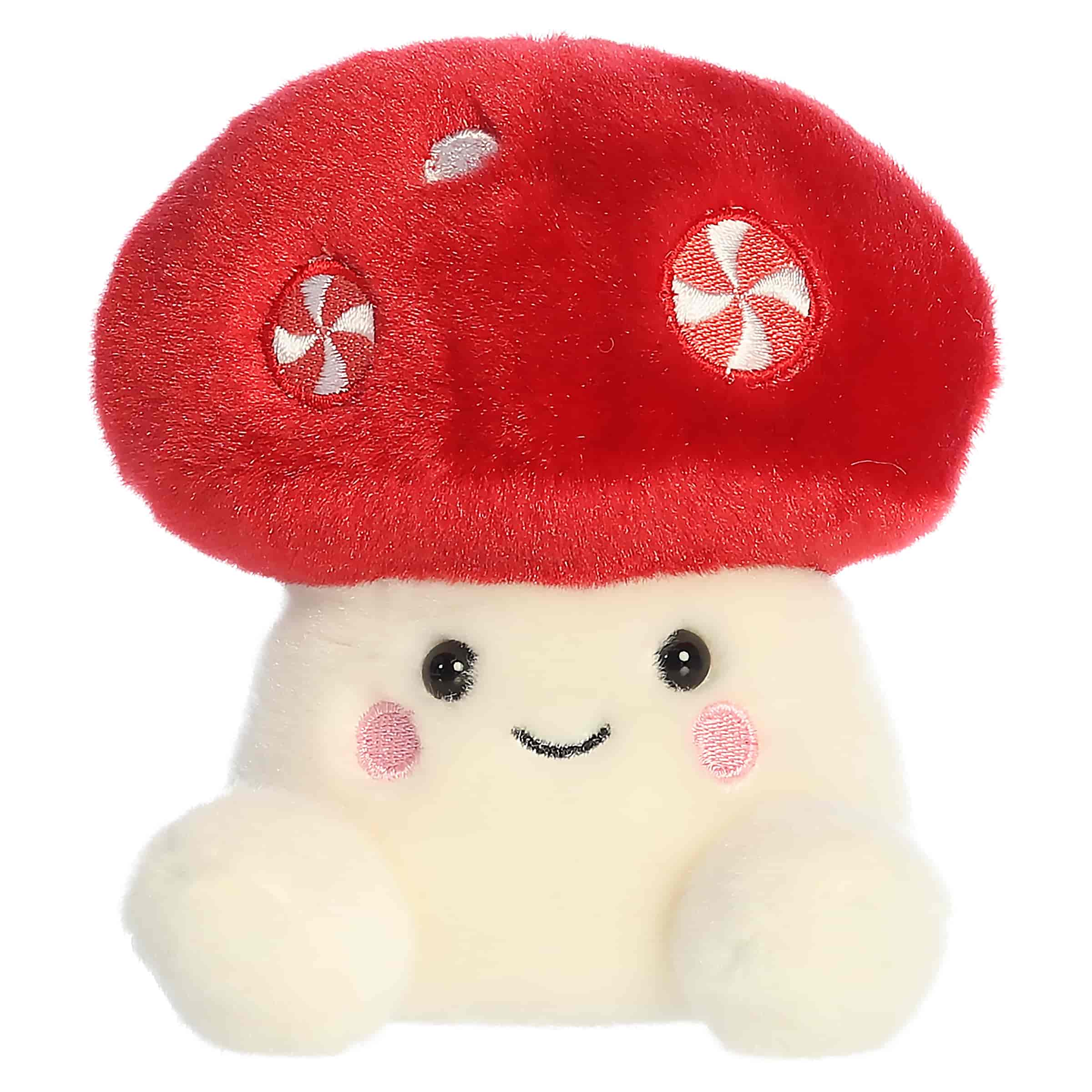 Red peppermint mushroom plush with a smiling face and fits in the palm of your hand.