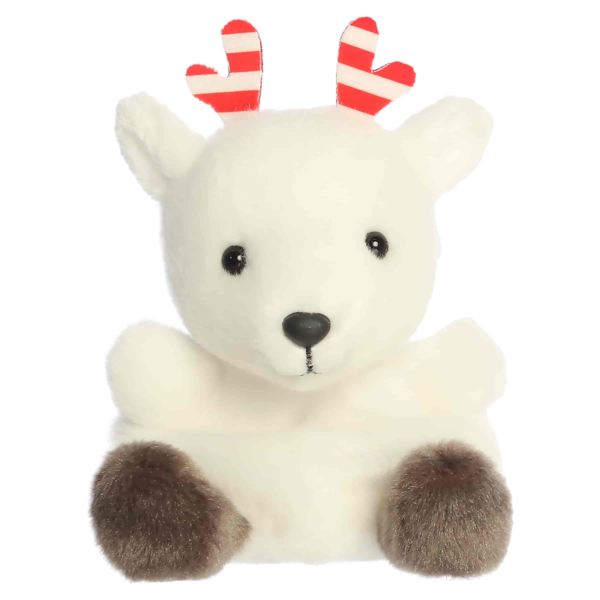 White reindeer plush with red and white striped peppermint antlers