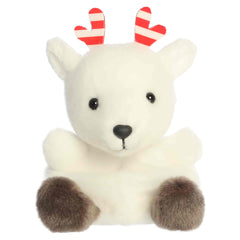 White reindeer plush with red and white striped peppermint antlers