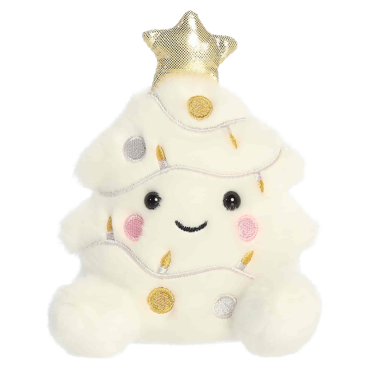 White Christmas tree plush with ornaments and a gold star topper