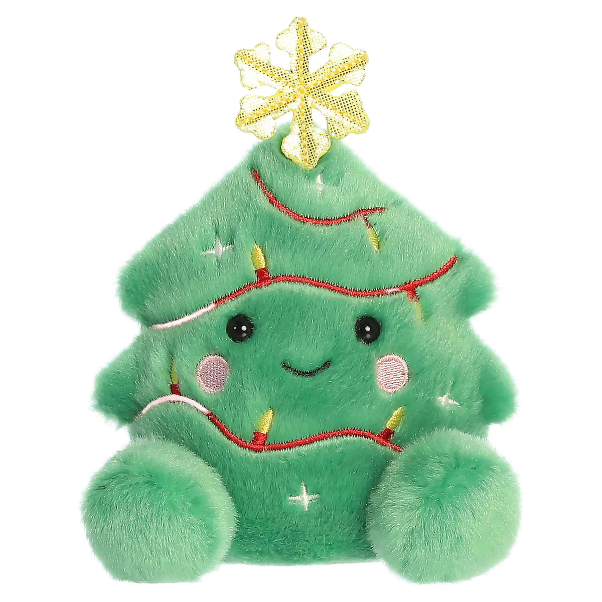 Green Christmas tree plush with colorful ornaments and a gold star topper