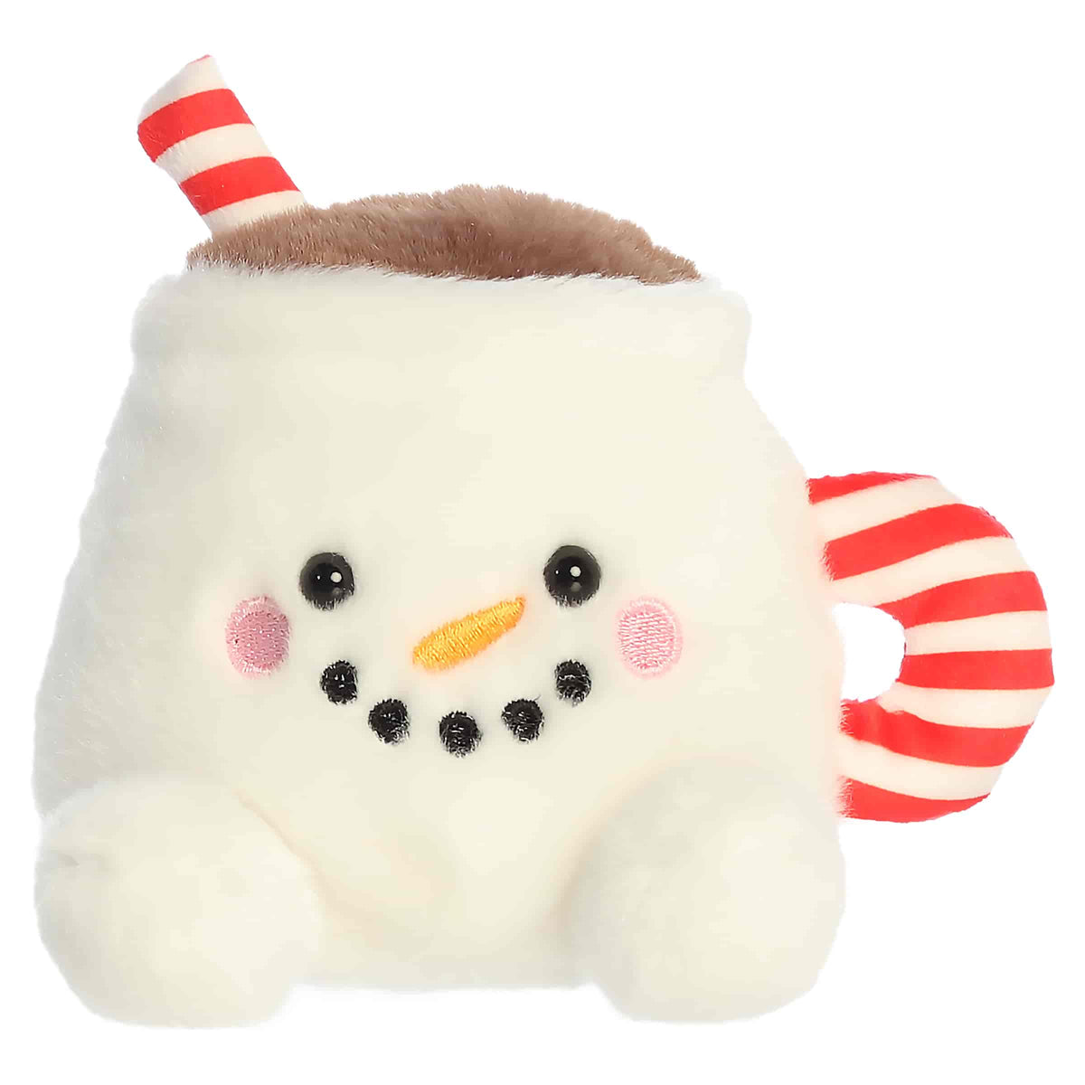 Plush snowman cocoa mug with candy cane striped handle details