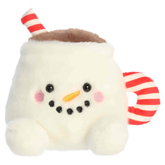 Plush snowman cocoa mug with candy cane striped handle details