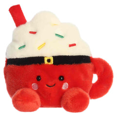 Red plush Santa cocoa mug with whipped topping and a candy cane straw