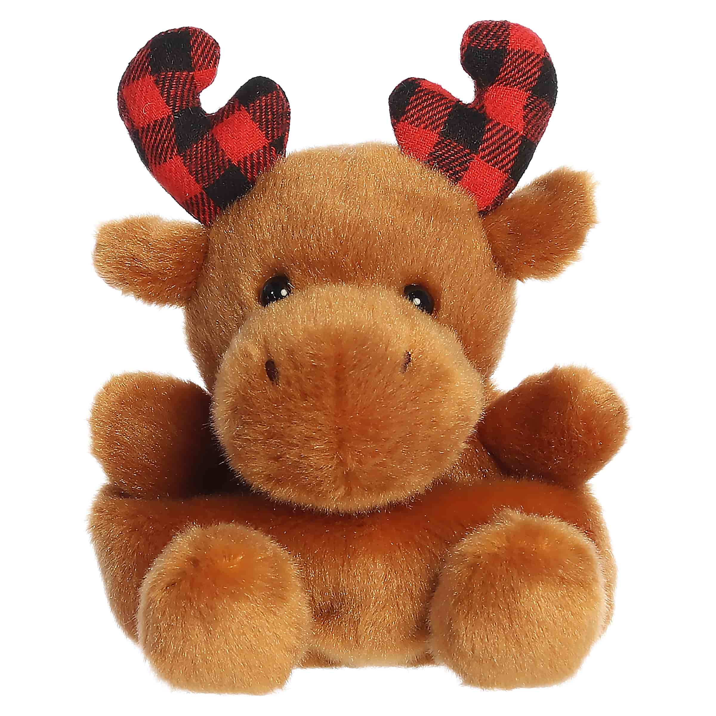 Brown moose plush with plaid antlers and fits in the palm of your hand.