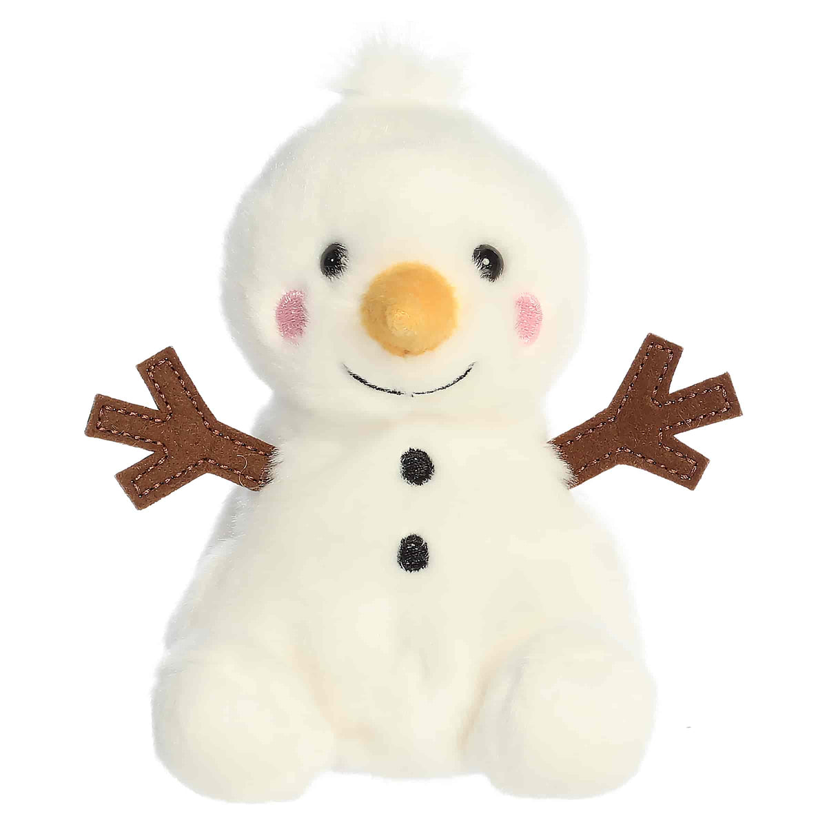 White snowman plush with a carrot nose, stick arms, and fits in the palm of your hand.