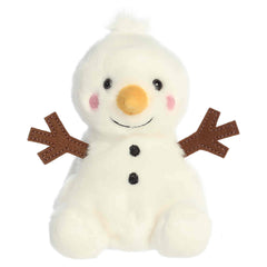 White snowman plush with a carrot nose, stick arms, and fits in the palm of your hand.