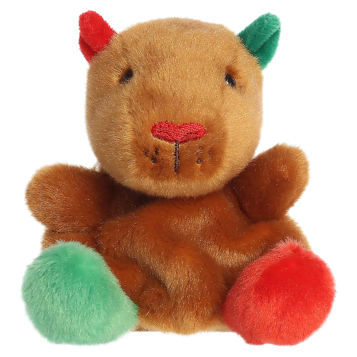 Brown capybara plush with festive holiday accents and fits in the palm of your hand.