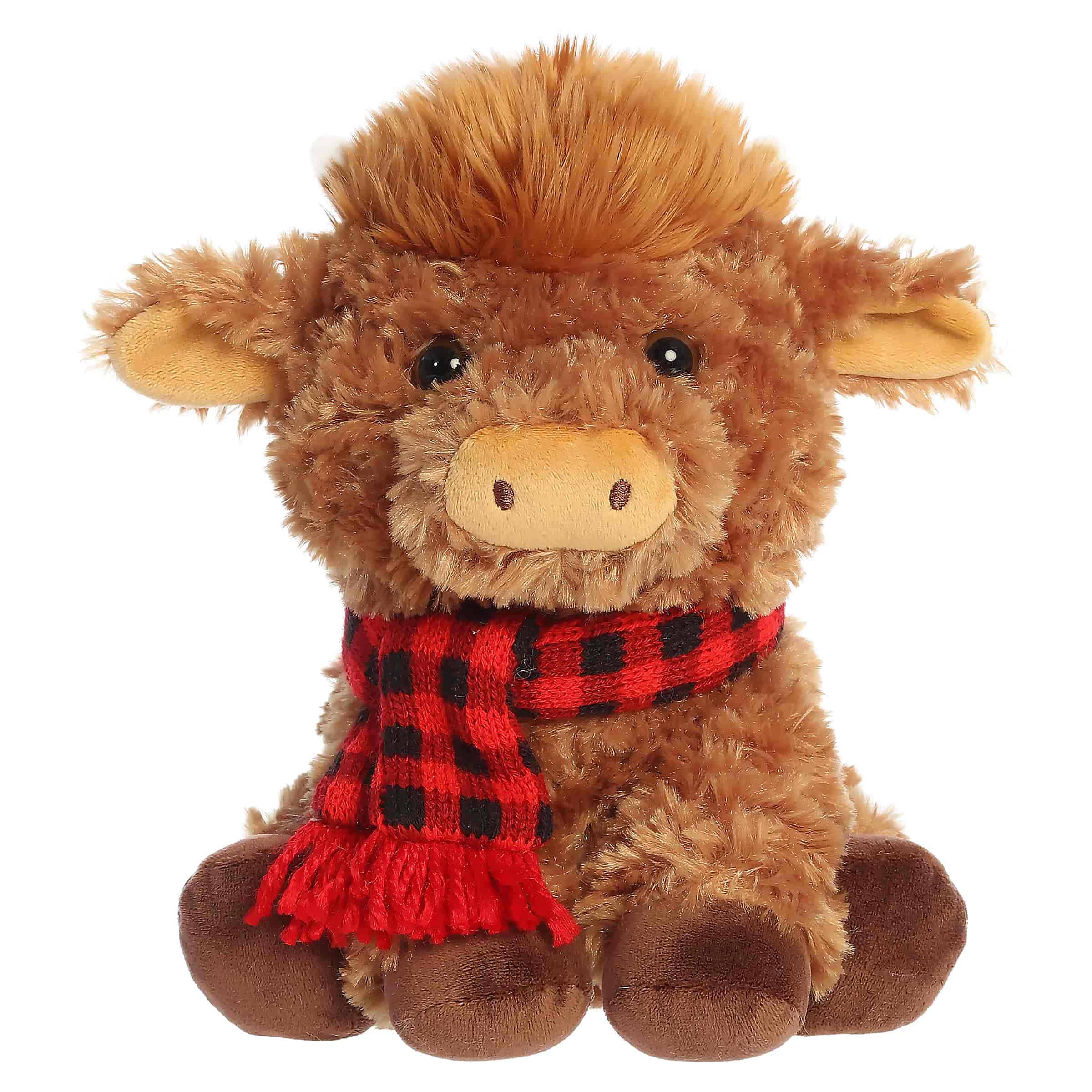 Shaggy brown highland cow plush wearing a red plaid scarf