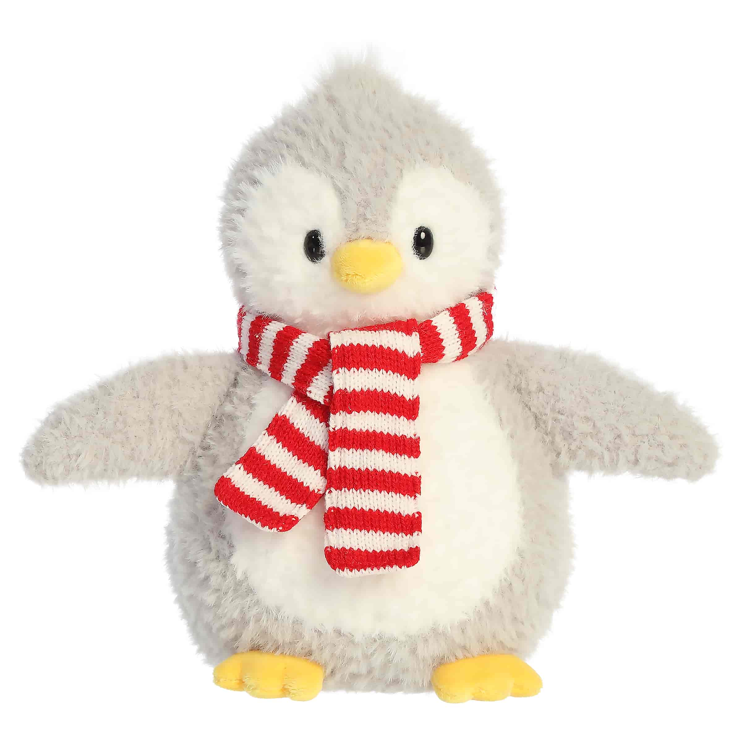 Gray penguin plush with outstretched wings and a bright striped scarf