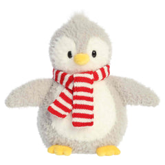 Gray penguin plush with outstretched wings and a bright striped scarf