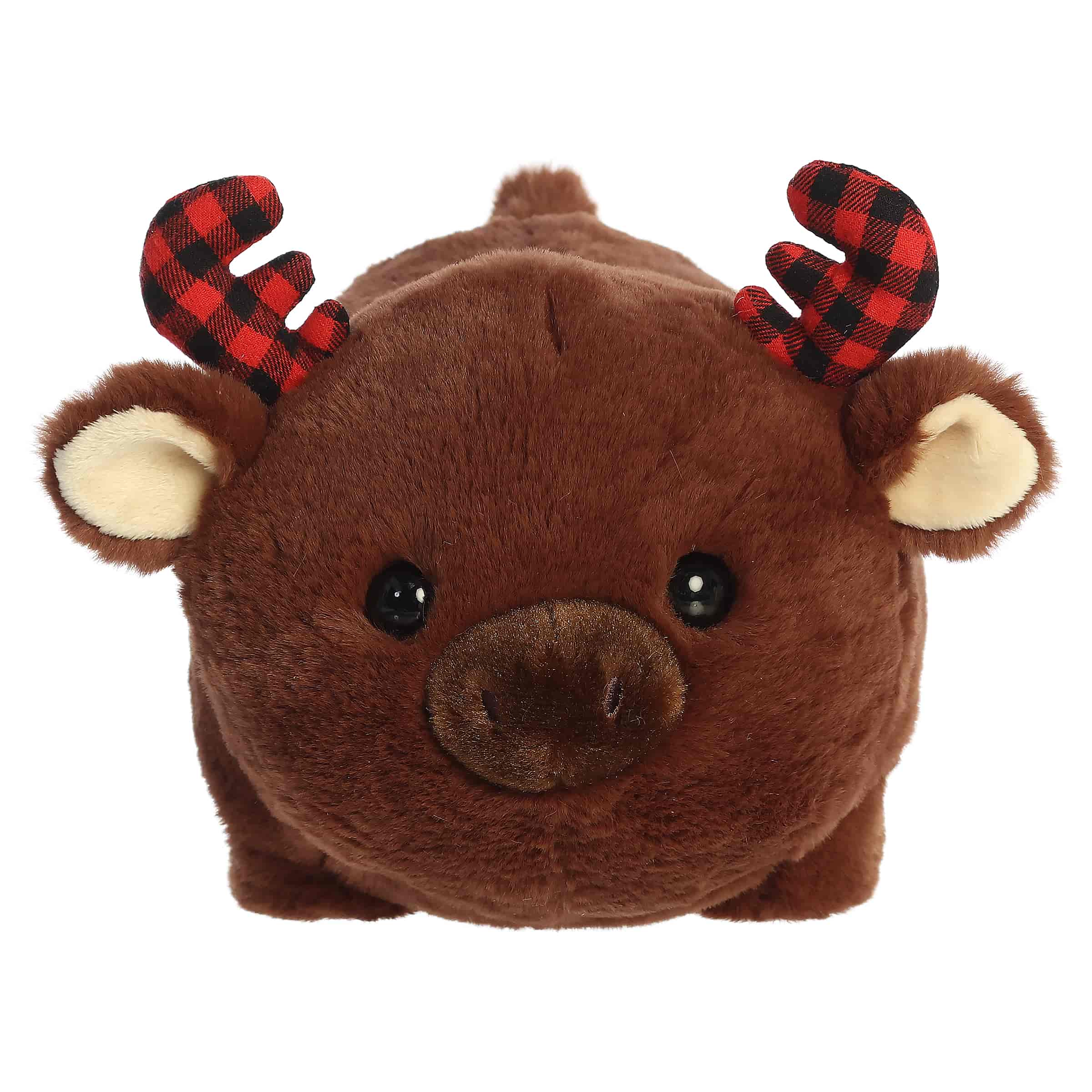 Round brown moose plush with plaid antlers and a gentle face