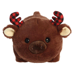 Round brown moose plush with plaid antlers and a gentle face