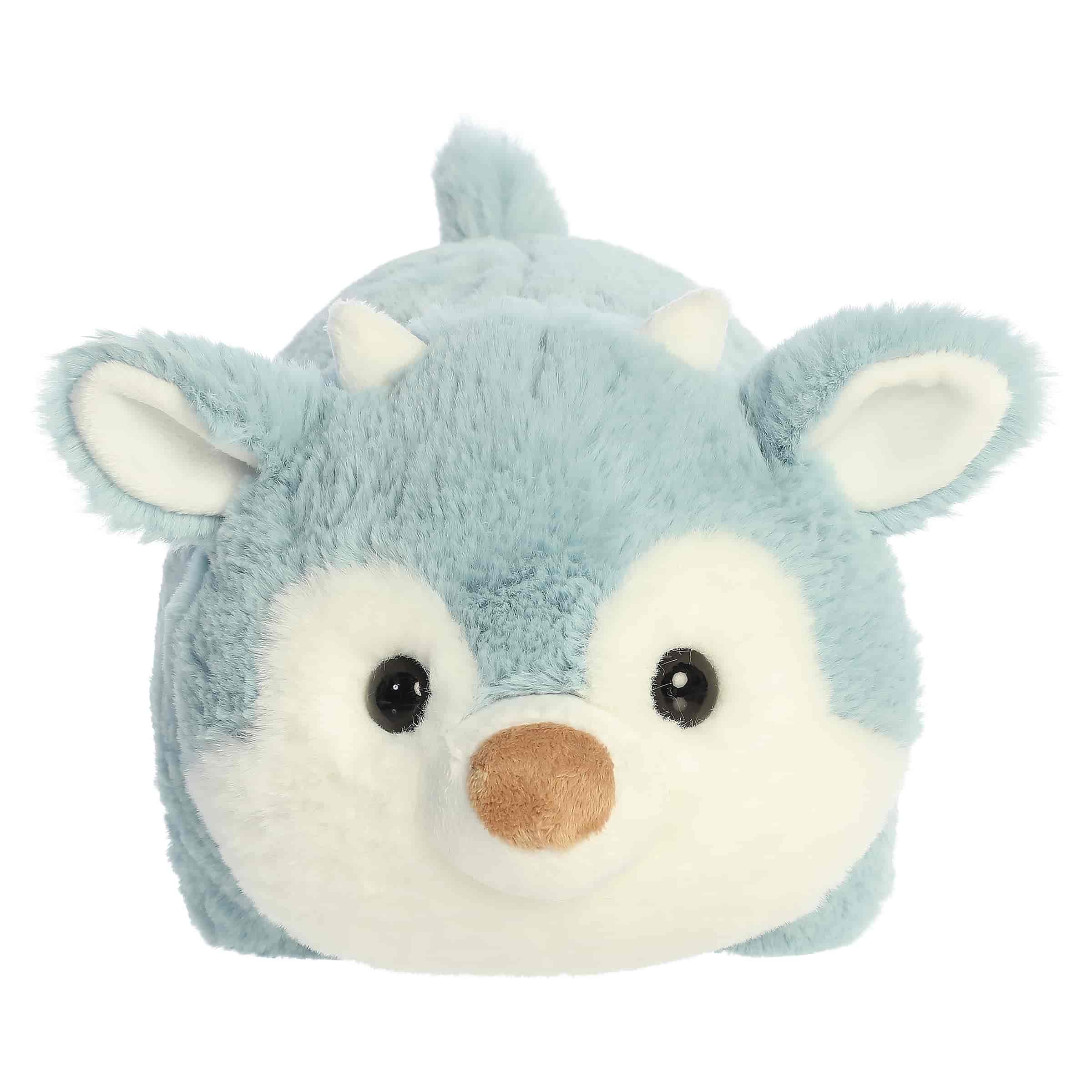 Light blue reindeer plush with tiny antlers and a sweet face