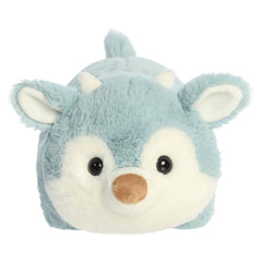 Light blue reindeer plush with tiny antlers and a sweet face