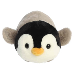Round emperor penguin plush with black and white coloring and a bright beak