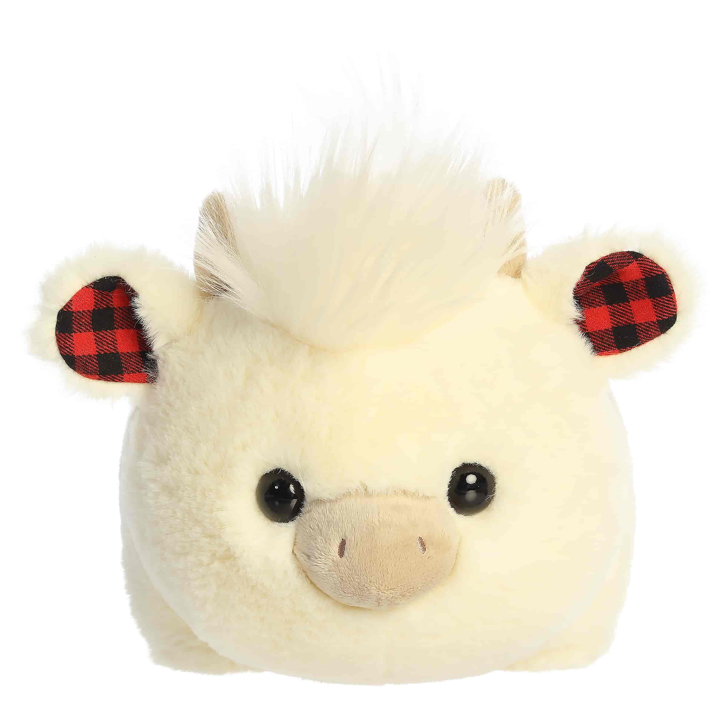 Cream highland cow plush with fluffy hair and plaid-patterned horns