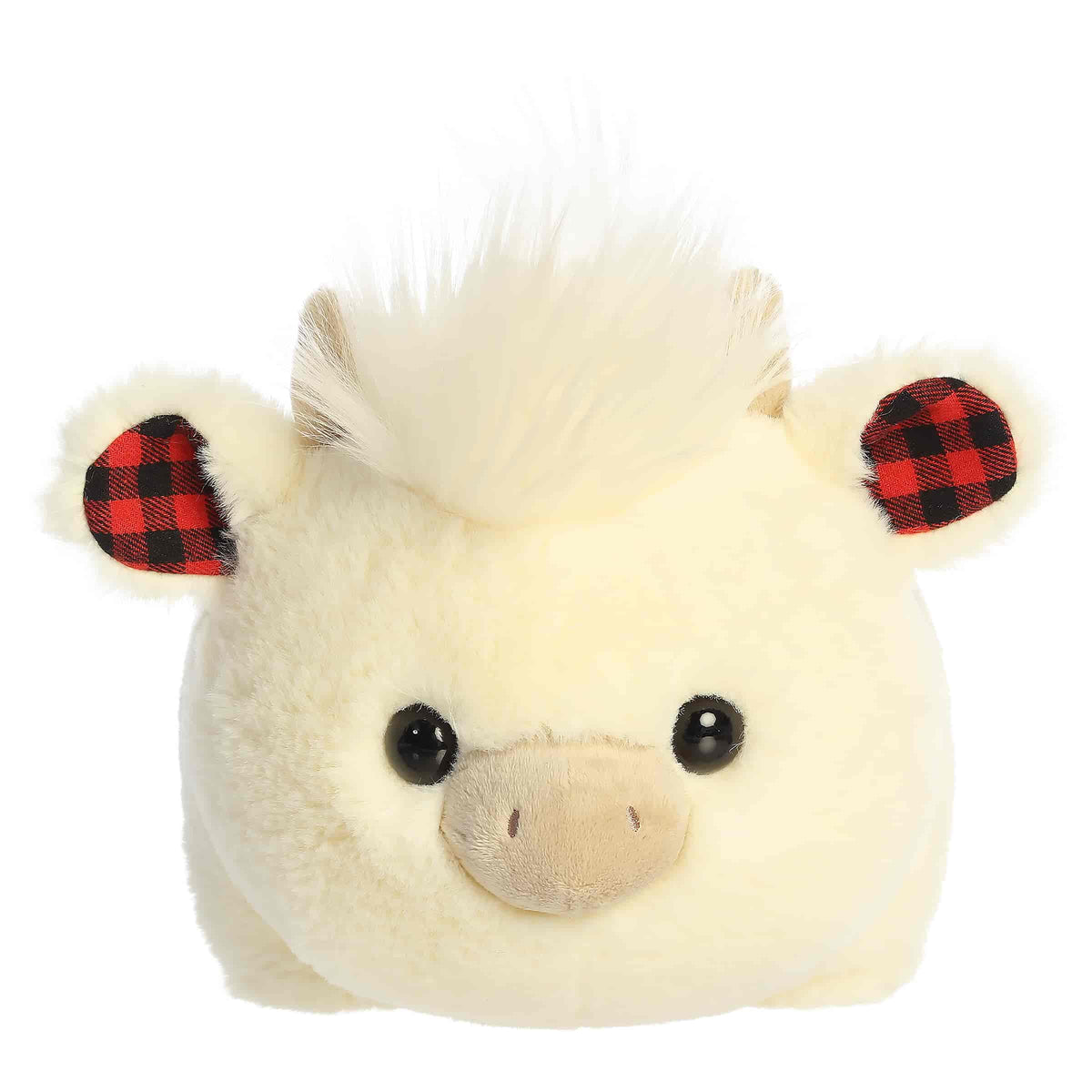 Cream highland cow plush with fluffy hair and plaid-patterned horns