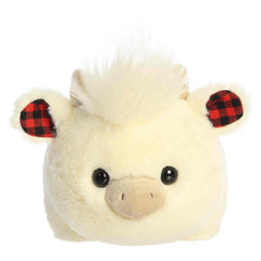 Cream highland cow plush with fluffy hair and plaid-patterned horns