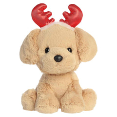 Golden labrador puppy plush wearing a festive antler headband