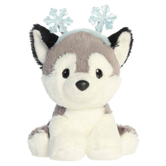 Gray and white husky plush with blue snowflake accents