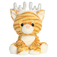 Black bear plush with a brown snout and striped winter earmuffs