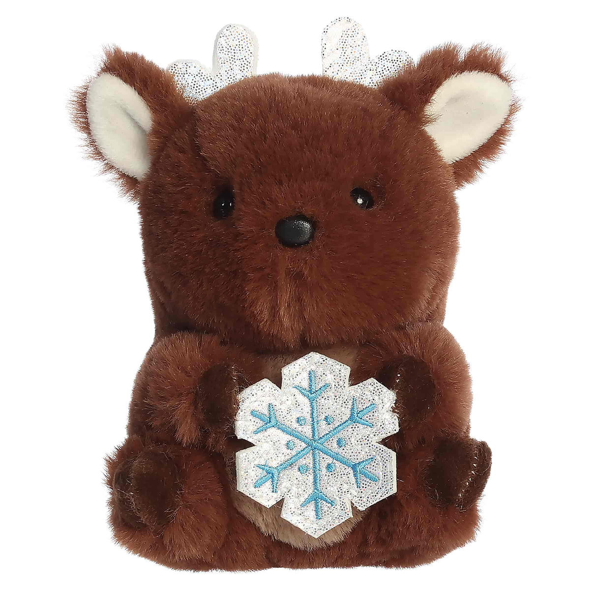 Round brown reindeer plush with blue antlers holding a snowflake