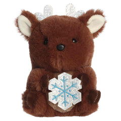 Round brown reindeer plush with blue antlers holding a snowflake