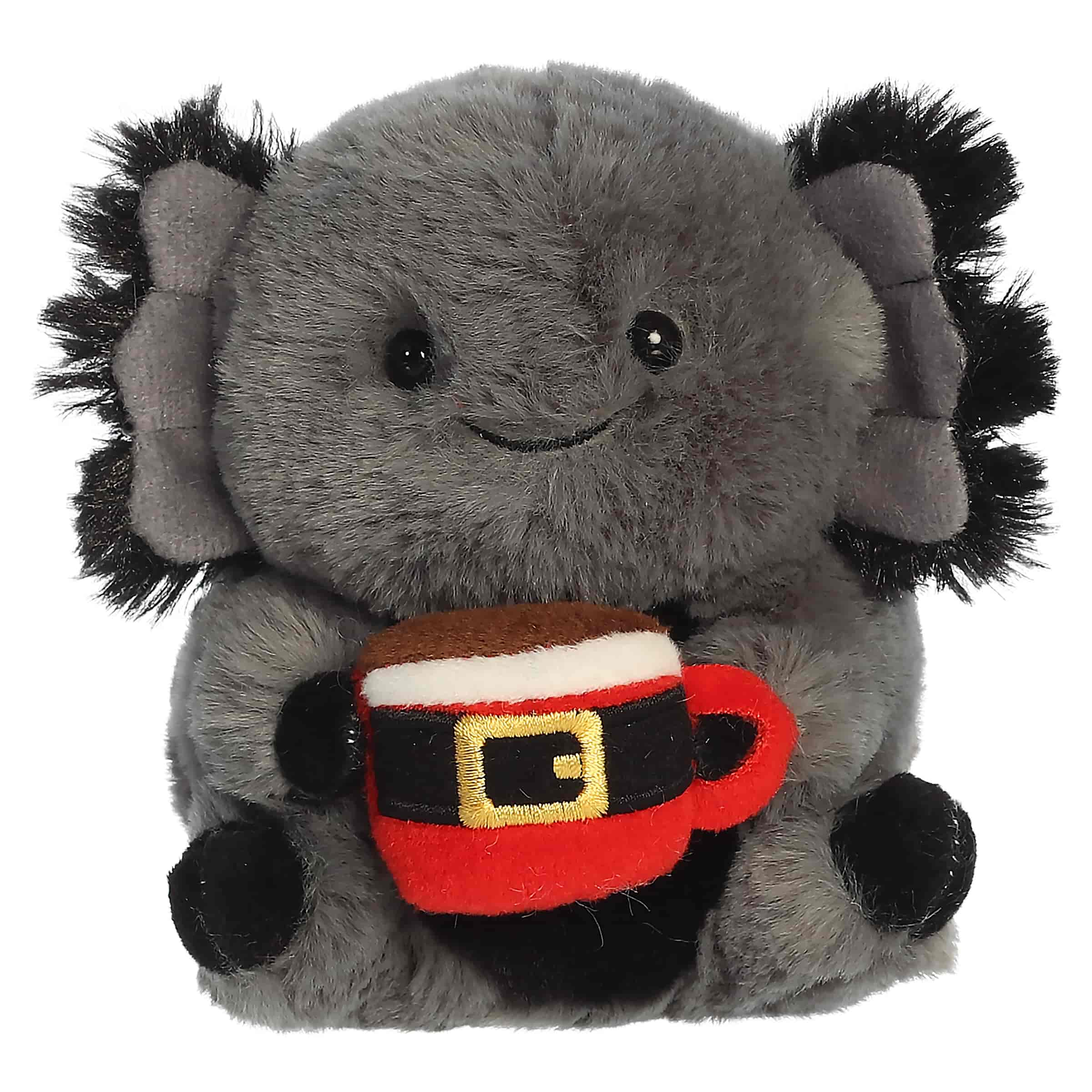 Black axolotl plush with fuzzy gills holding a small Santa mug