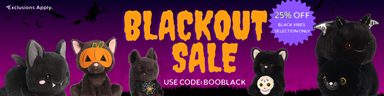 A long banner showing black color plushies on a Halloween background with 25% OFF black vibes selection only using code: BOOBLACK.