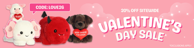 Valentine's Day sale banner with plush toys and promotional text on a pink background