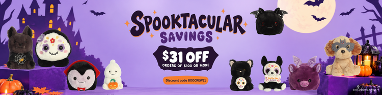 A long website banner showing the sale discount for all spooky Halloween plushies