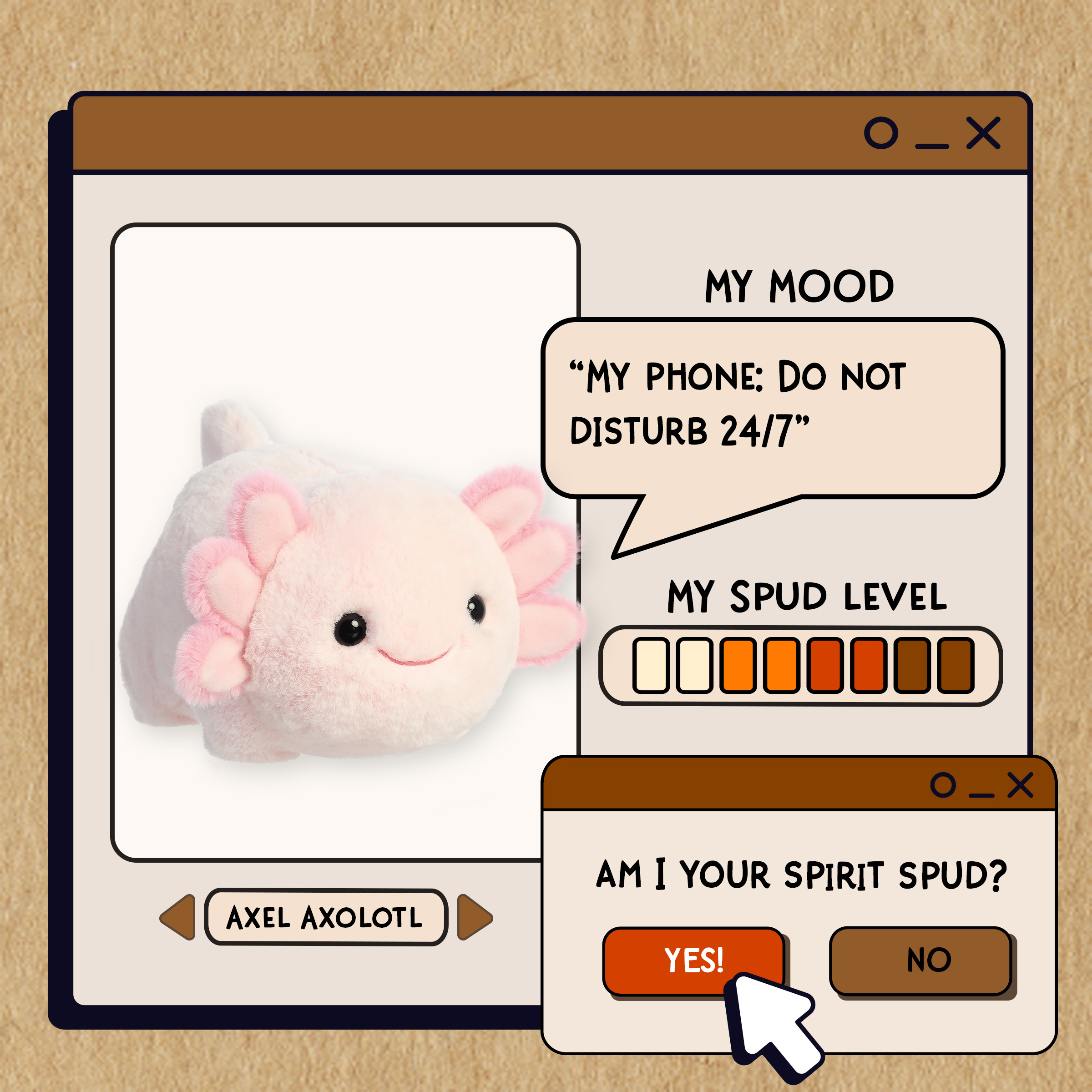 A spudsters product card for the axel axolotl plush by Aurora