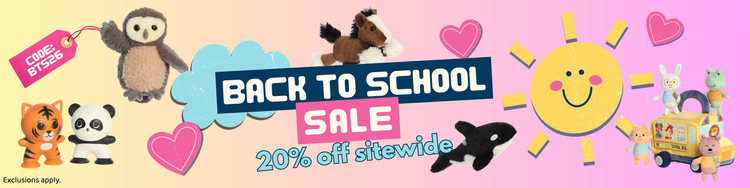 A colorful promotional banner for a back to school sale, featuring school themed toys and plushies with the text 'BACK TO SCHOOL SALE 20% off sitewide using code BTS26".