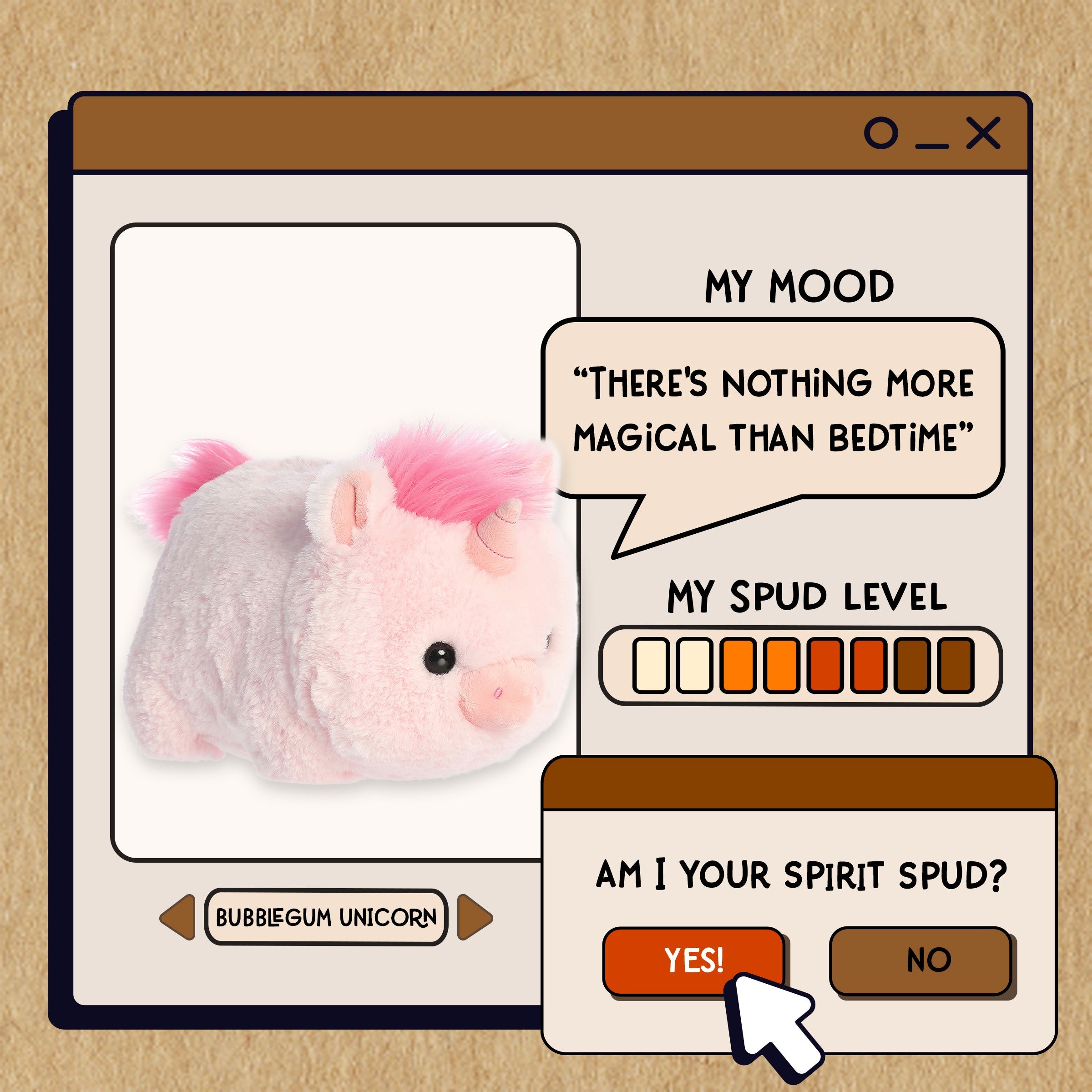 A spudsters product card for the Bubblegum Unicorn plush by Aurora