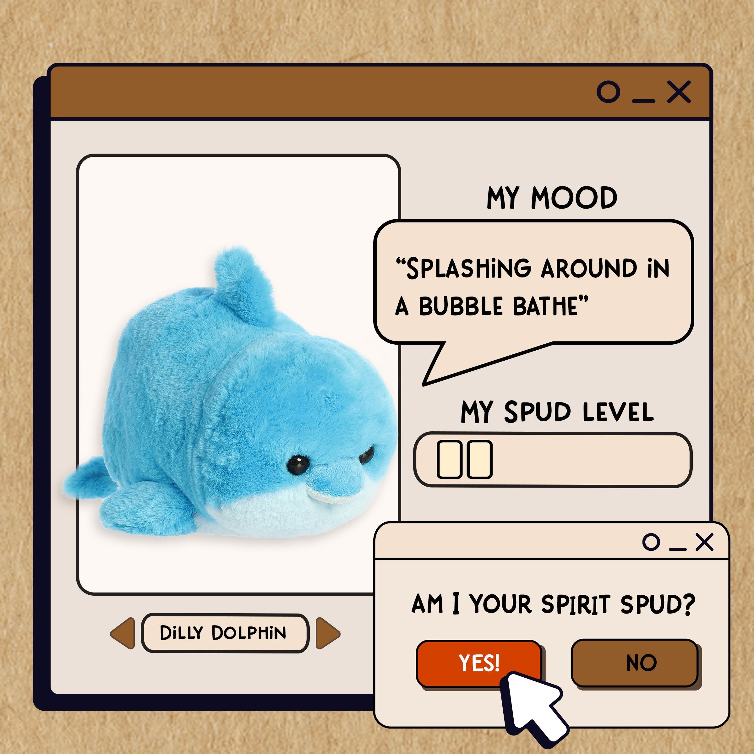 A spudsters product card for the Dilly Dolphin plush by Aurora