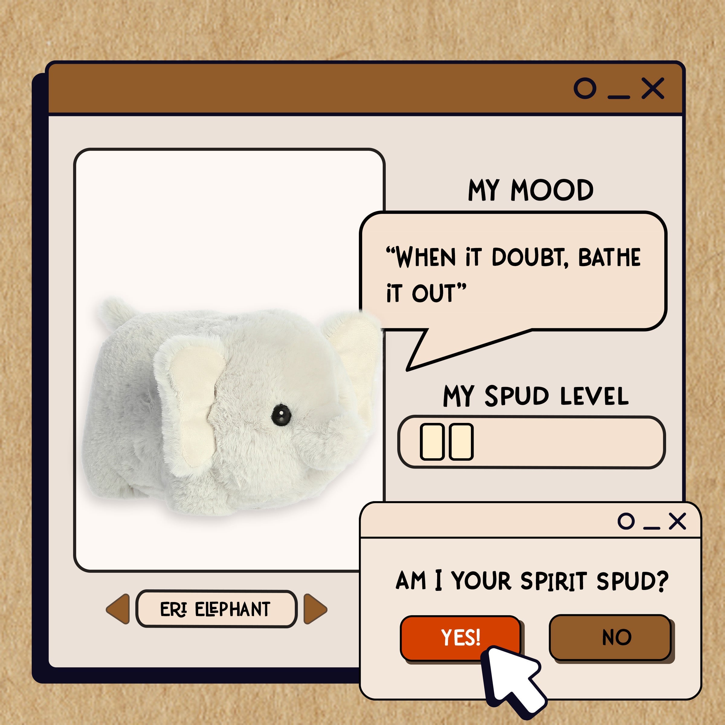A spudsters product card for the Eri Elephant plush by Aurora