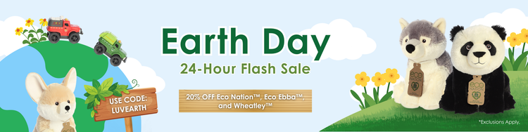 Long Banner featuring eco friendly plushies and toys with text saying use code LUVEARTH for 20% off Eco Nation, Eco Ebba, and Wheatley brands for 24 hours only.