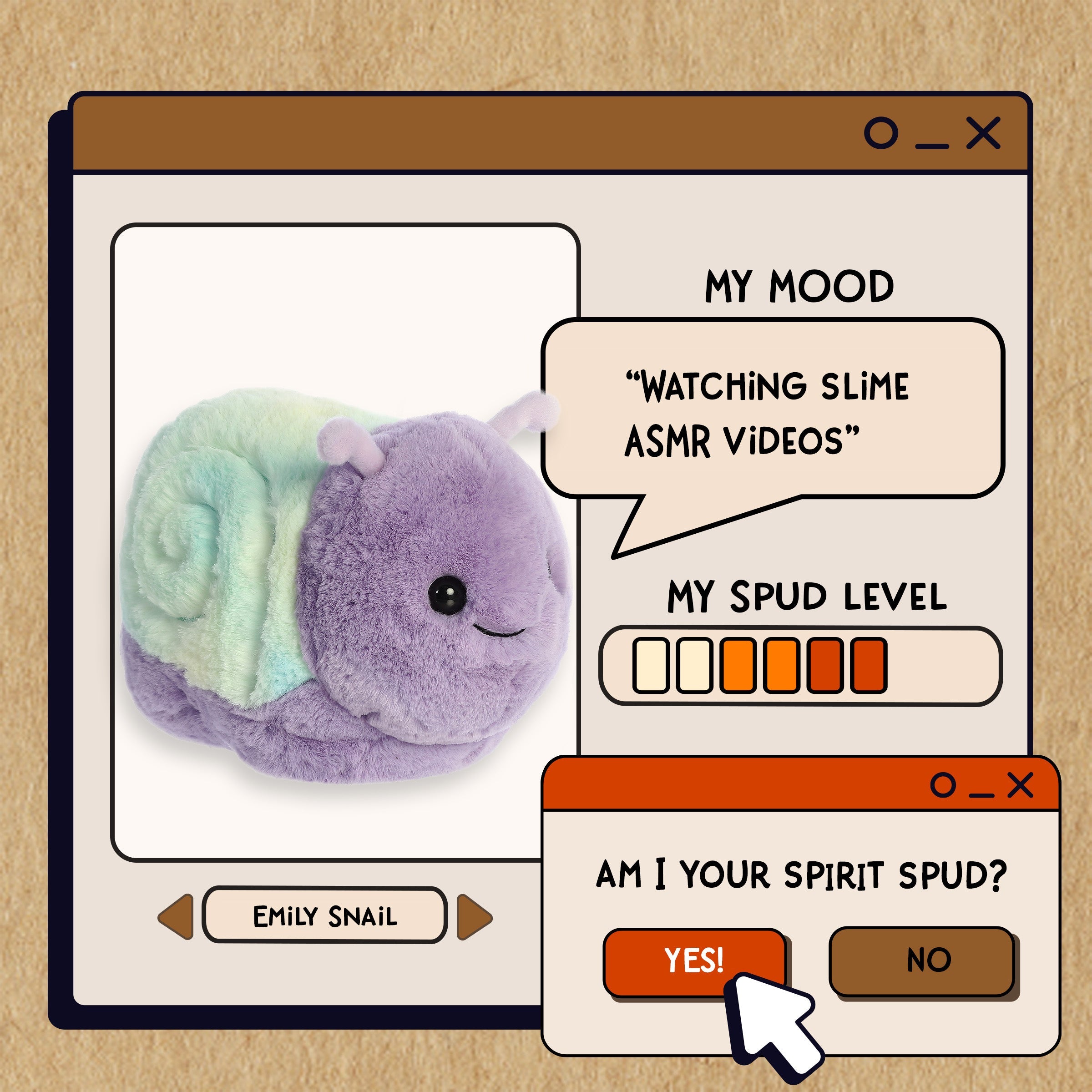 A spudsters product card for the Emily Snail plush by Aurora