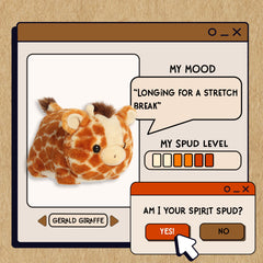 A spudsters product card for the Gerald Giraffe plush by Aurora