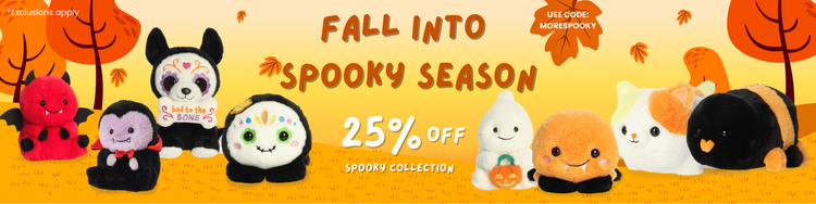 A long banner that shows multiple plushies and has a sale of 25% OFF spooky collection with code MORESPOOKY.