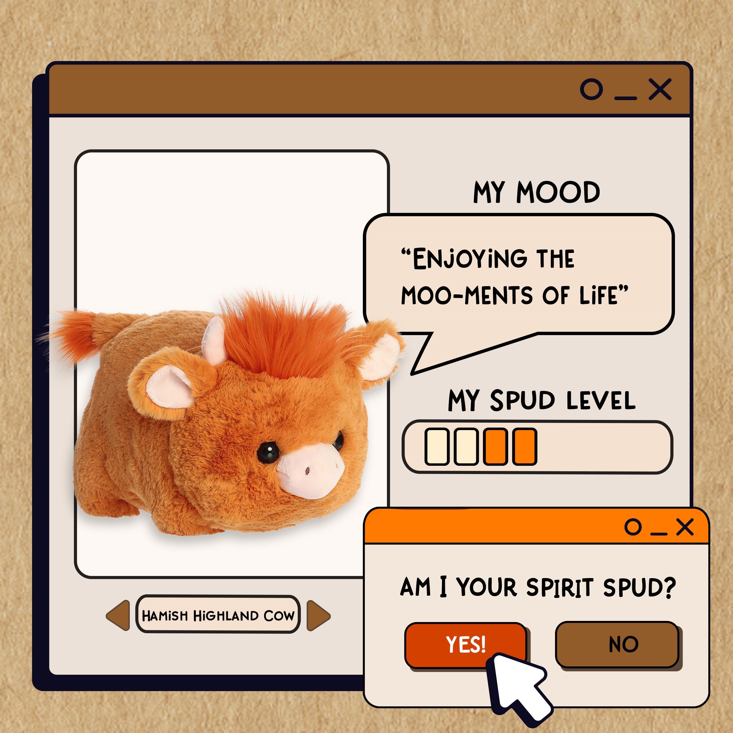A spudsters product card for the Hamish Highland Cow plush by Aurora