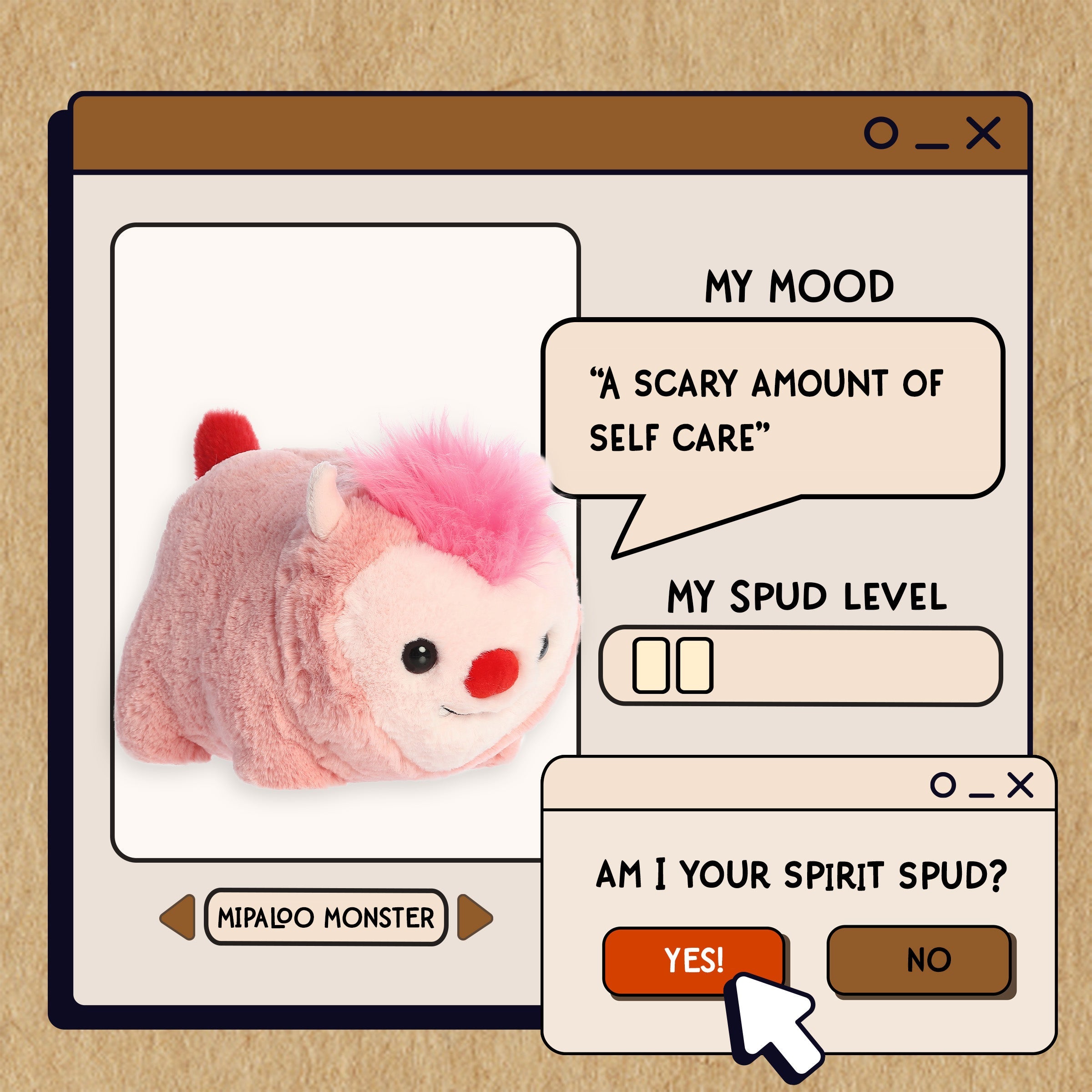 A spudsters product card for the Mipaloo Monster plush by Aurora