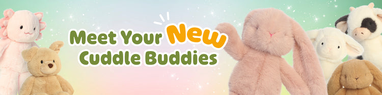 Meet Your New Cuddle Buddies on a pastel background.