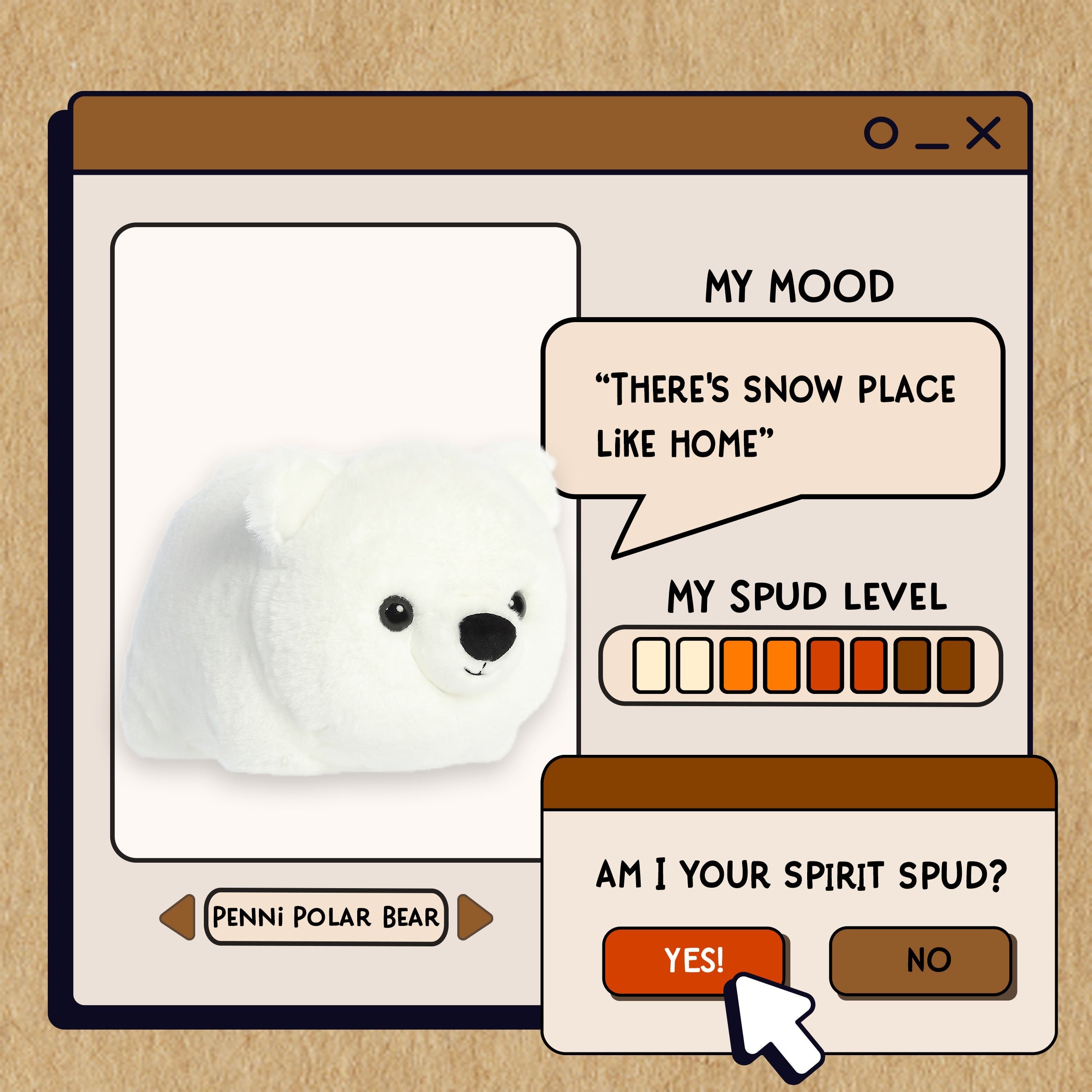 A spudsters product card for the Penni Polar Bear plush by Aurora