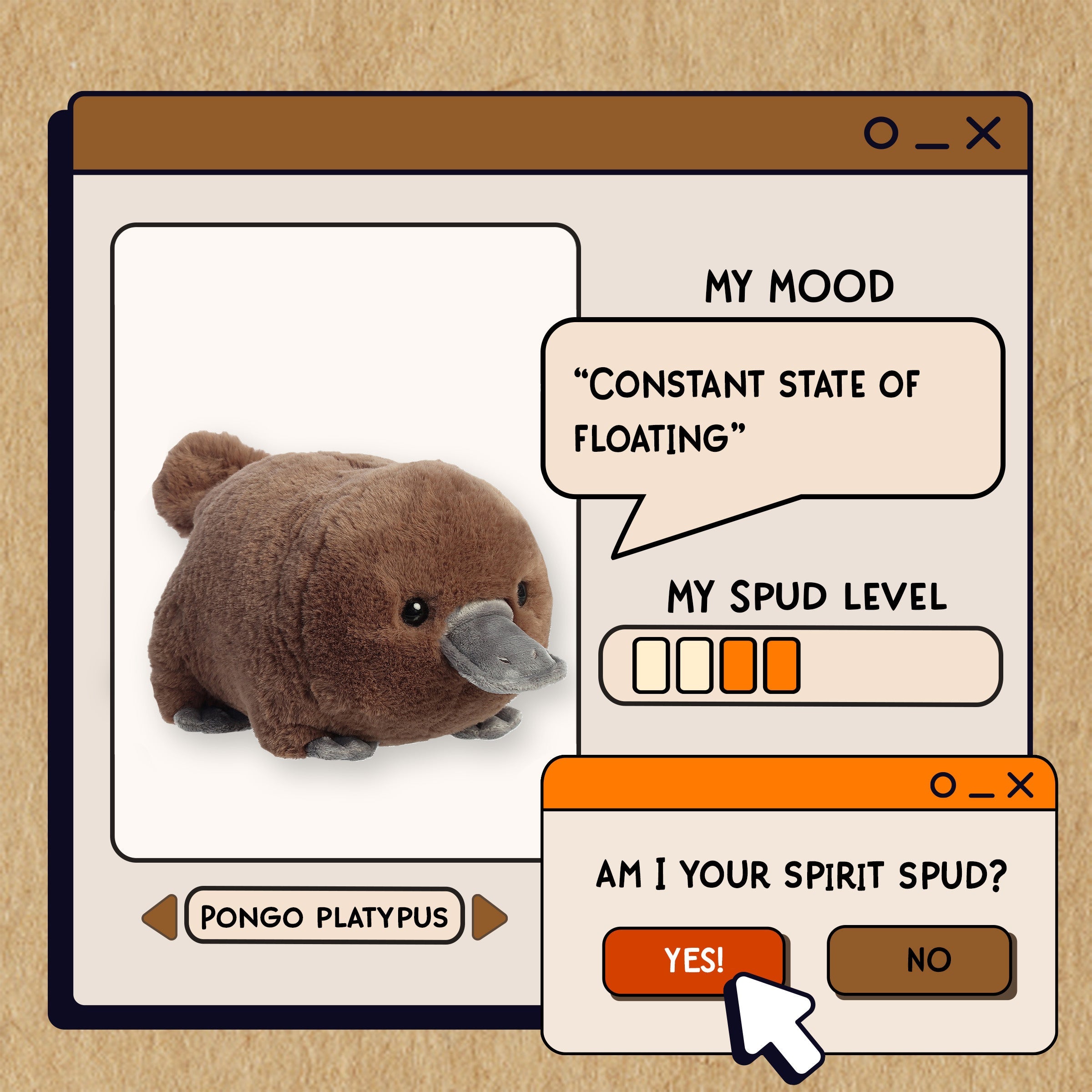 A spudsters product card for the pongo platypus plush by Aurora