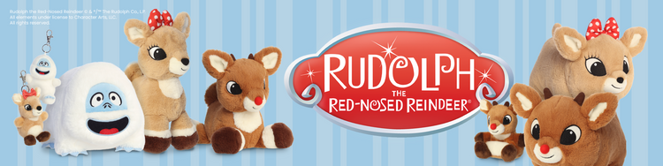 A promotional banner featuring multiple Rudolph the Red-Nosed Reindeer themed plush toys and character figures arranged around a large red oval logo on a light blue striped background.