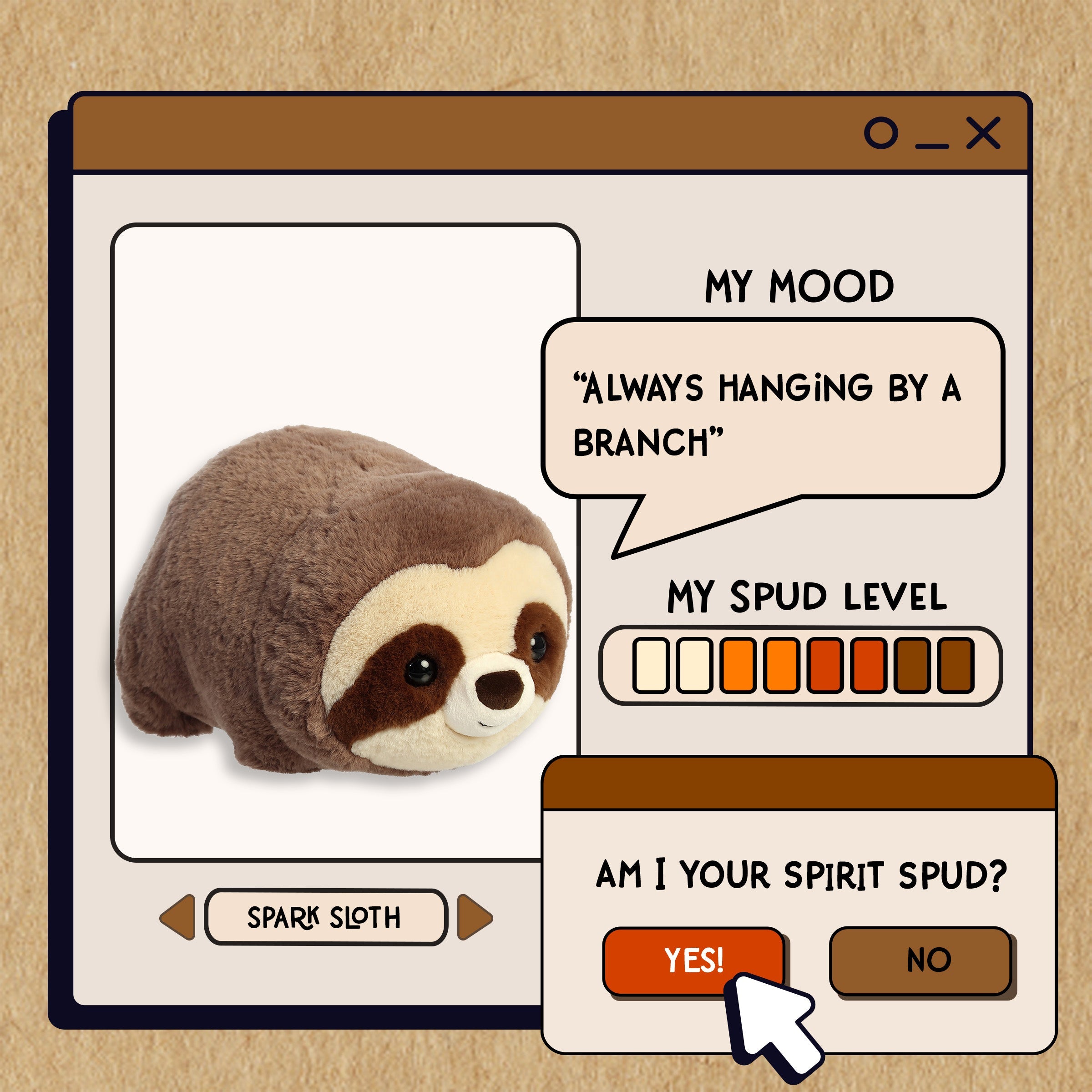 A spudsters product card for the spark sloth plush by Aurora