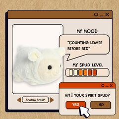 A spudsters product card for the Sharla Sheep plush by Aurora