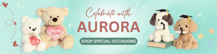 Promotional banner featuring Mother's Day and Graduation themed plushies with text 'Celebrate with Aurora' and 'Shop Special Occasions' on a light blue background.